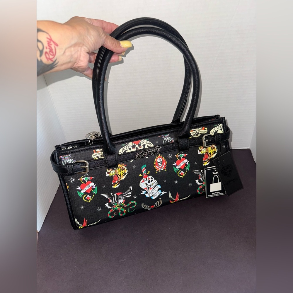 Ed hardy black tattoo crossbody long handle tote BNWT